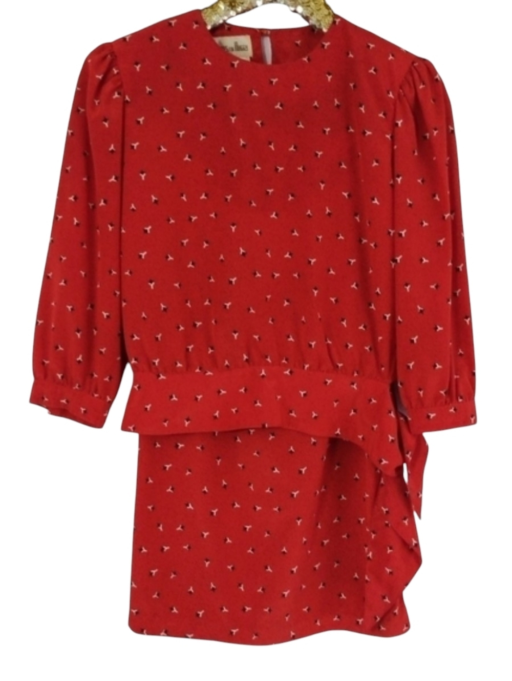 Vintage 80s Petites Women's Red Abstract Floral Skirt Set size 8 XS Retro